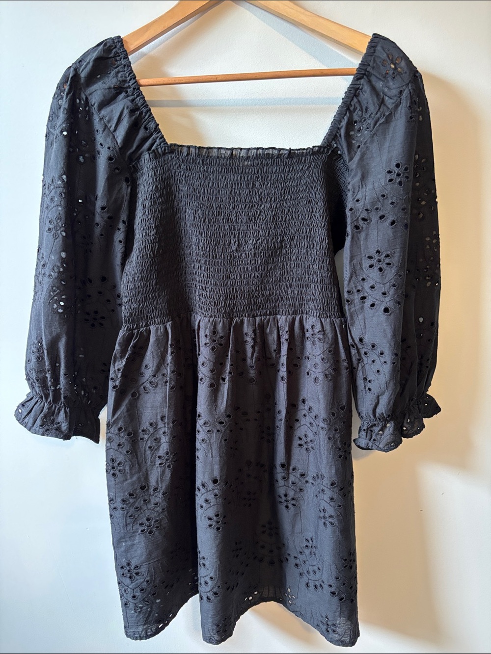 Rebellion Again Black Smocked Square-Neck Eyelet Dress
